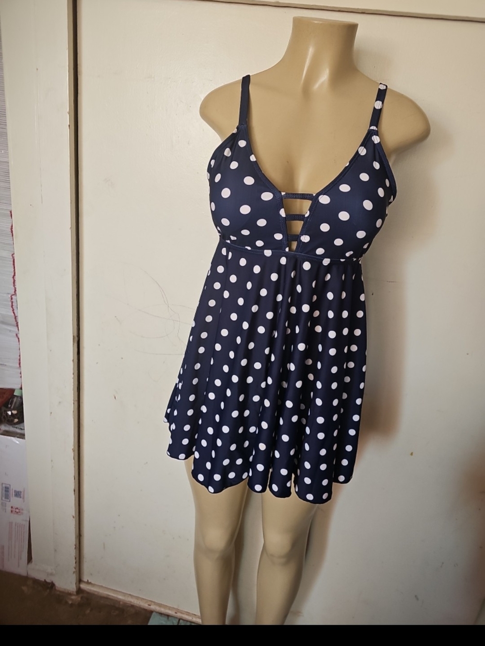 Polka Dot Navy Swimdress with Strappy V-Neck